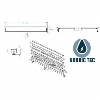 NORDIC TEC dušo latakas 90cm su grotelėmis plytelei įklijuoti 3