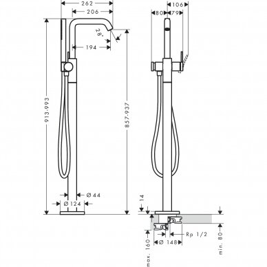 Hansgrohe vonios maišytuvas iš grindų Tecturis S 73440140 1