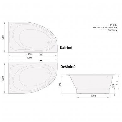 PAA akmens masės vonia TRE GRANDE 1700x1000 mm 2